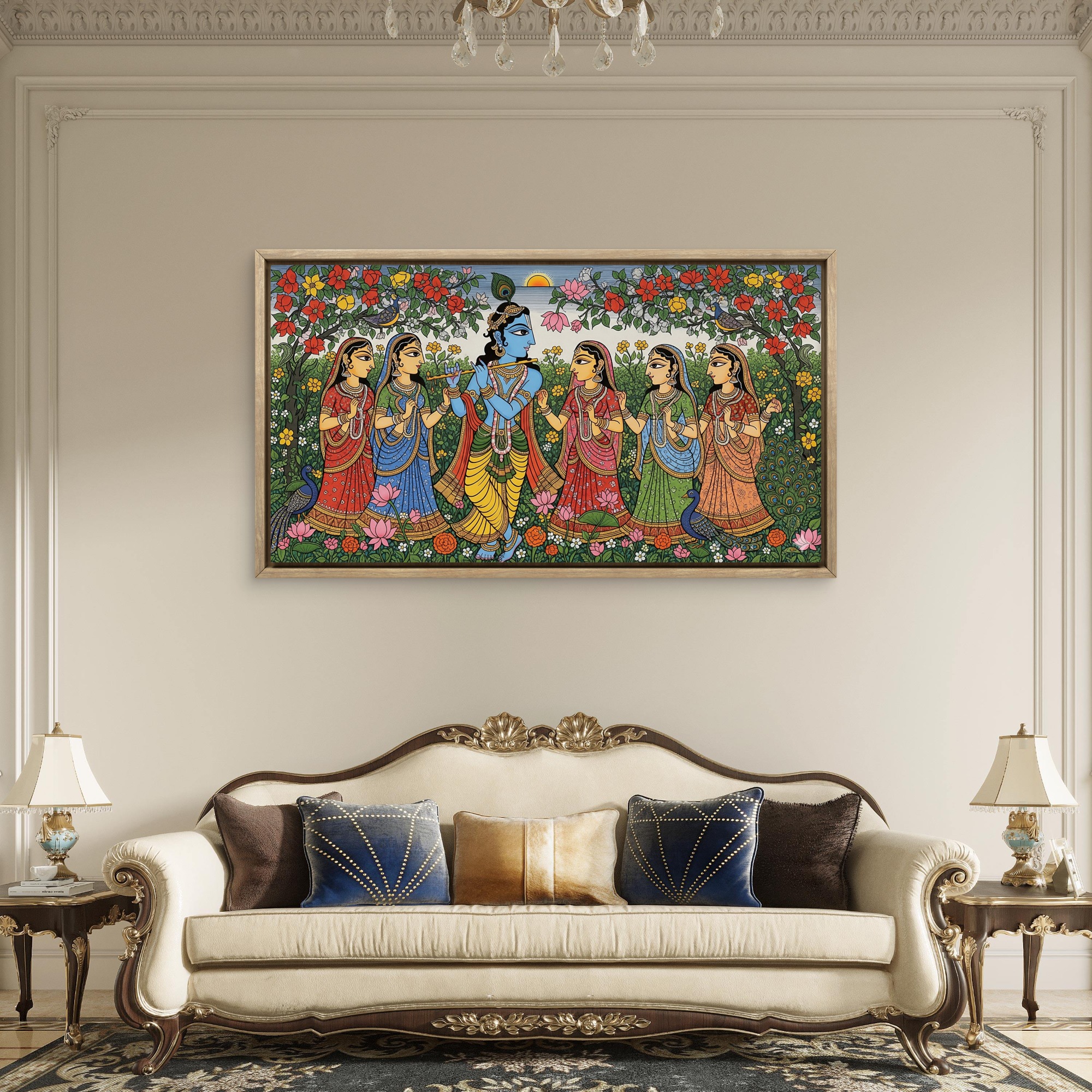 Krishna Playing Flute by the Yamuna,Madhubani Folk Art Scene with Gopis - Image 2