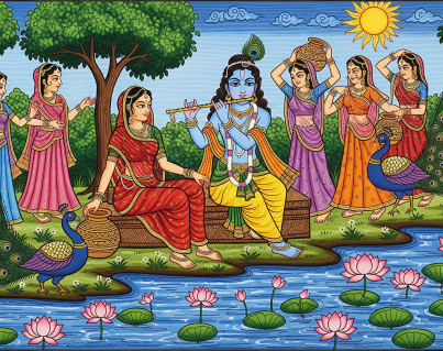 MADUBANI FOLK ART SCENE WITH GOPIES (6)