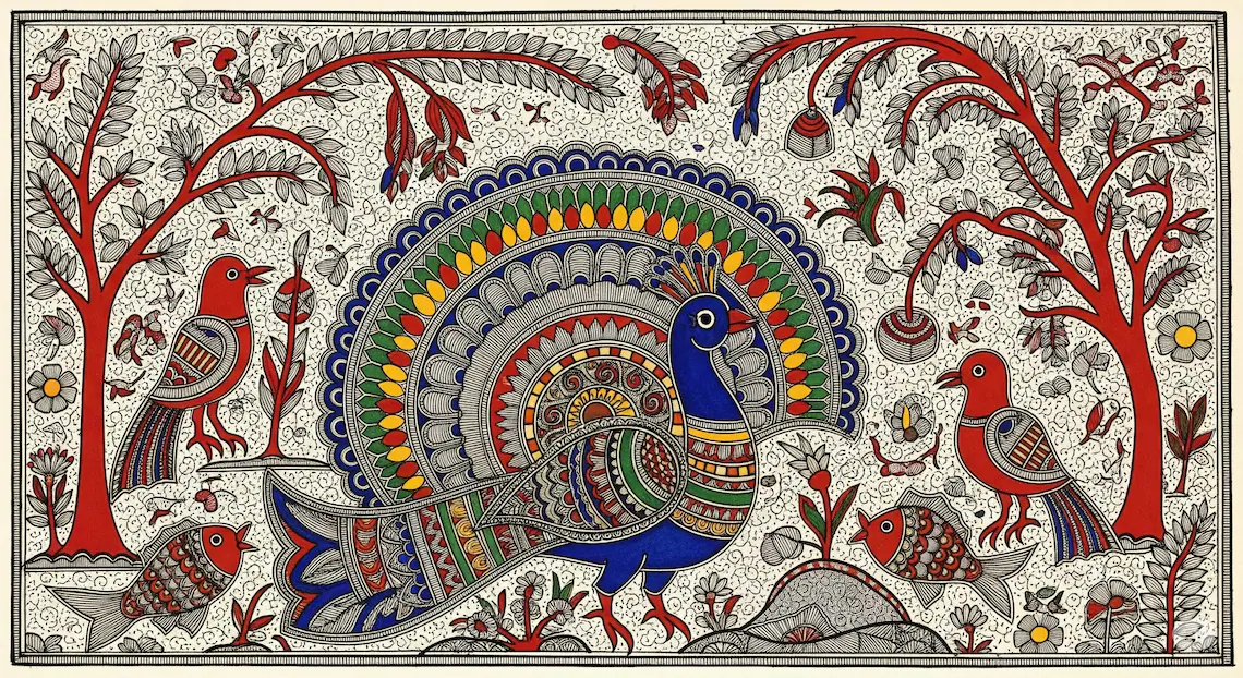 Vibrant Madhubani Folk Art: A Tapestry of Nature and Tradition