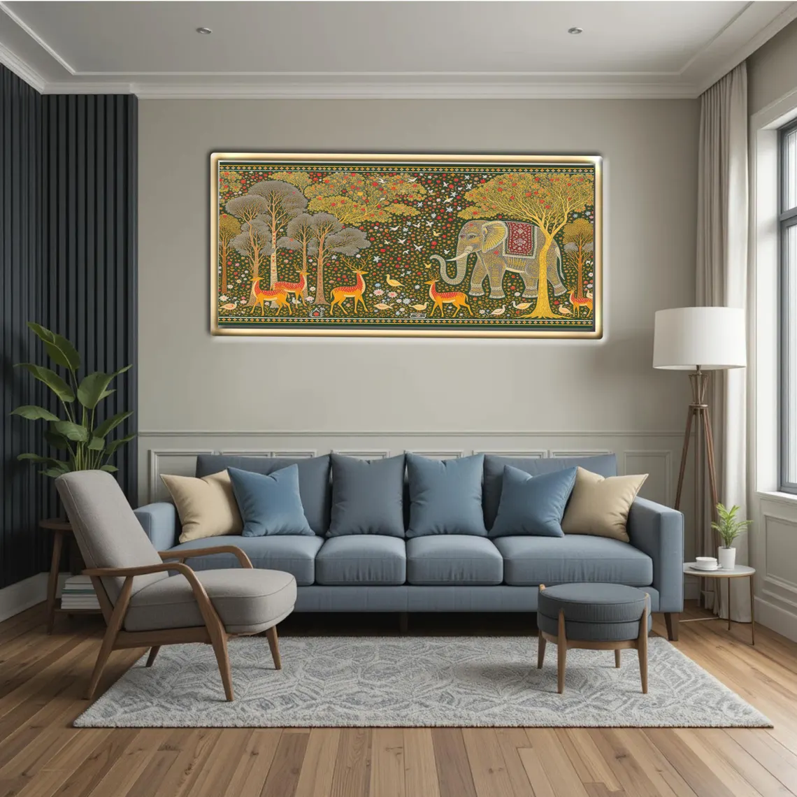 Surreal Gond Art Forest – Tribal Painting with Deer, Birds & Elephants - Image 3