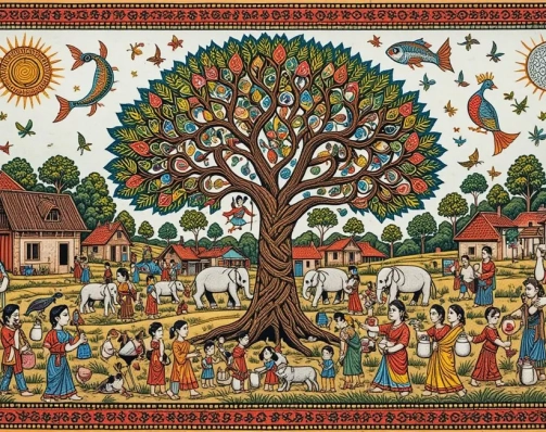 Vibrant Madhubani Folk Art,A Tapestry of Nature and Tradition