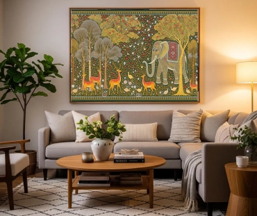 Surreal Gond Art Forest – Tribal Painting with Deer, Birds & Elephants