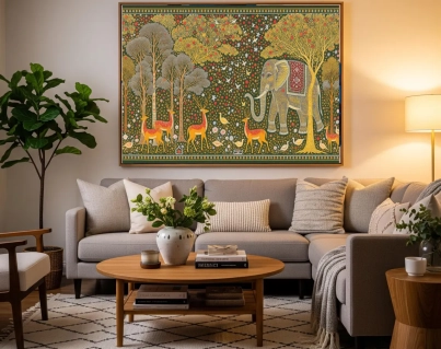 Surreal Gond Art Forest – Tribal Painting with Deer, Birds & Elephants