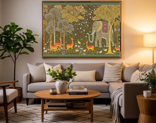 Surreal Gond Art Forest – Tribal Painting with Deer, Birds & Elephants