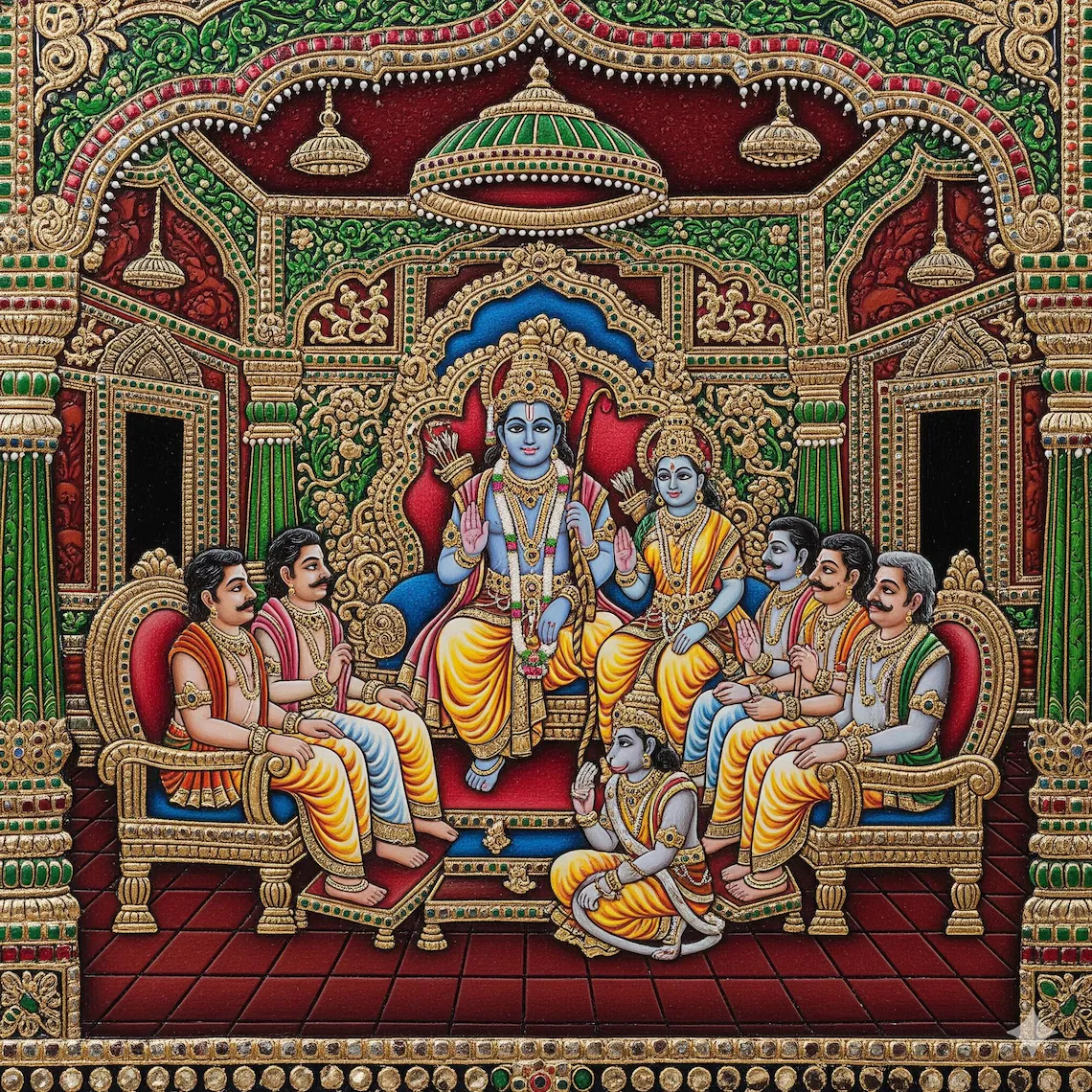 Tanjore Painting Print Rama, Sita, Lakshman in Royal Court - Image 2