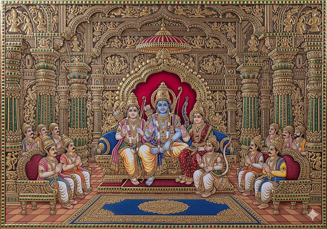 Tanjore Painting Print Rama, Sita, Lakshman in Royal Court - Image 3