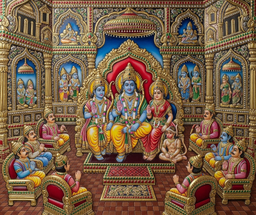 Tanjore Painting Print: Rama, Sita, Lakshman in Royal Court