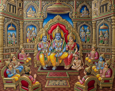 Tanjore Painting Print: Rama, Sita, Lakshman in Royal Court