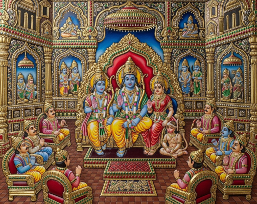 Tanjore Painting Print: Rama, Sita, Lakshman in Royal Court
