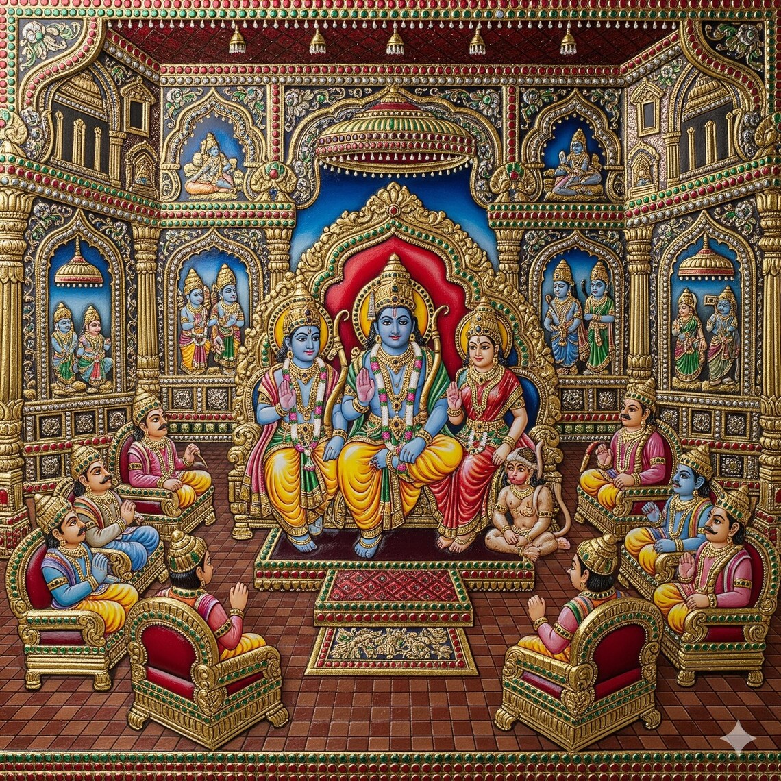 Tanjore Painting Print Rama, Sita, Lakshman in Royal Court