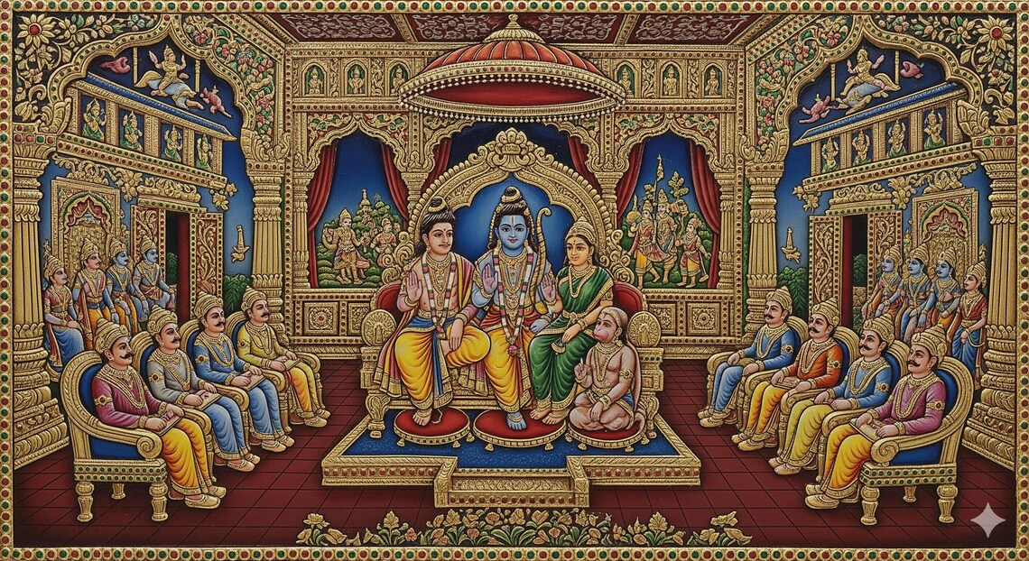 Tanjore Painting Print Rama, Sita, Lakshman in Royal Court - Image 4