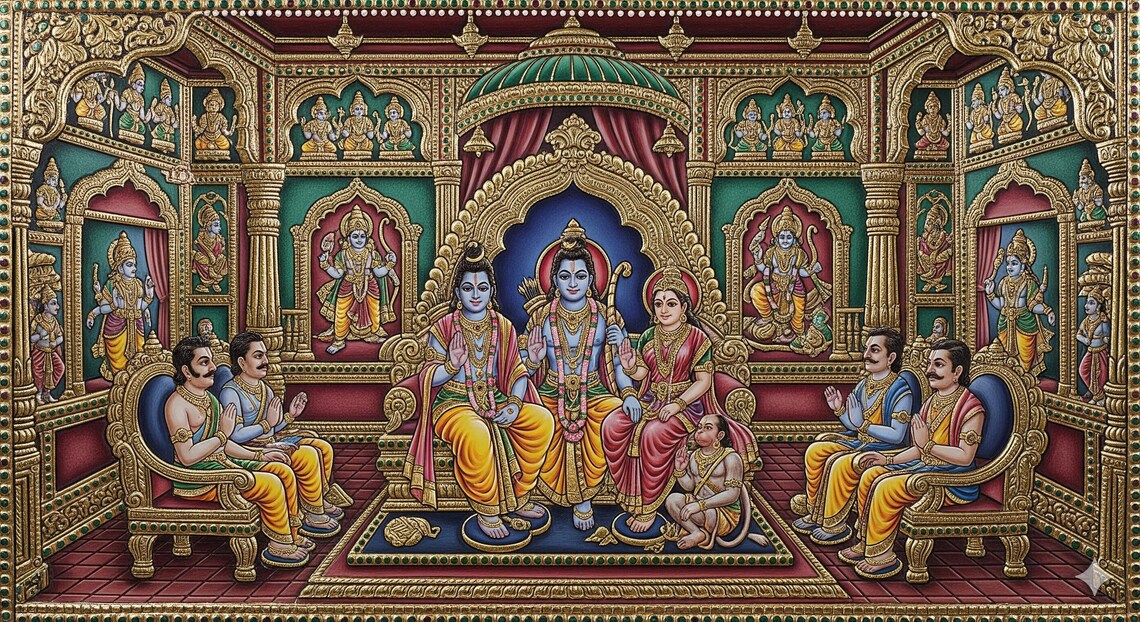 Tanjore Painting Print Rama, Sita, Lakshman in Royal Court - Image 5