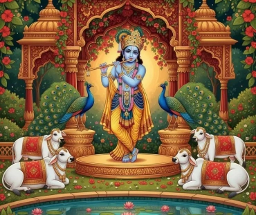 Vrindavan Gardens — Krishna’s Golden Dawn,Madhubani Digital Fusion