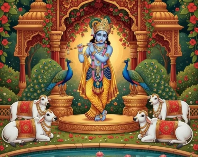 Vrindavan Gardens — Krishna’s Golden Dawn,Madhubani Digital Fusion