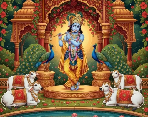 Vrindavan Gardens — Krishna’s Golden Dawn,Madhubani Digital Fusion