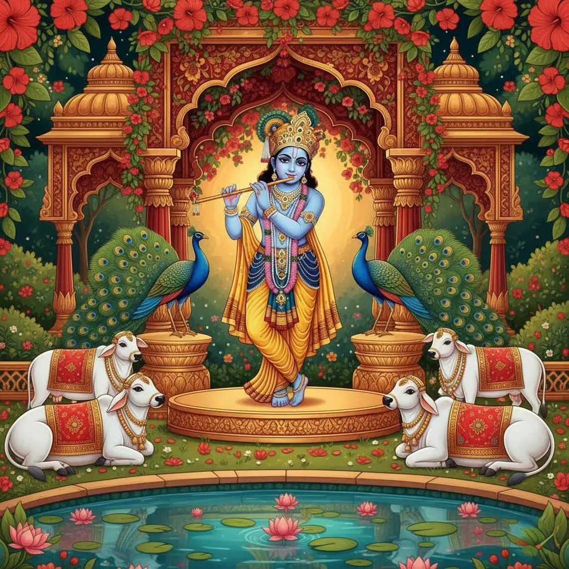 Vrindavan Gardens — Krishna’s Golden Dawn,Madhubani Digital Fusion