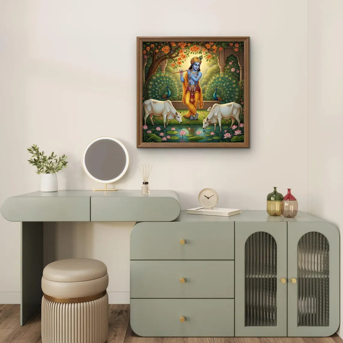 Vrindavan Gardens — Krishna’s Golden Dawn,Madhubani Digital Fusion - Image 2