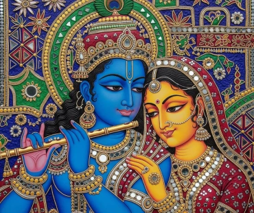 Radha Krishna Lippan Art Print: Traditional Indian Mud & Mirror Painting