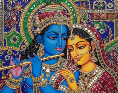 Radha Krishna Lippan Art Print: Traditional Indian Mud & Mirror Painting