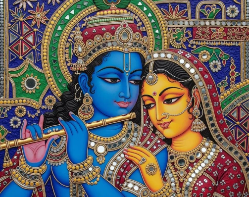 Radha Krishna Lippan Art Print: Traditional Indian Mud & Mirror Painting