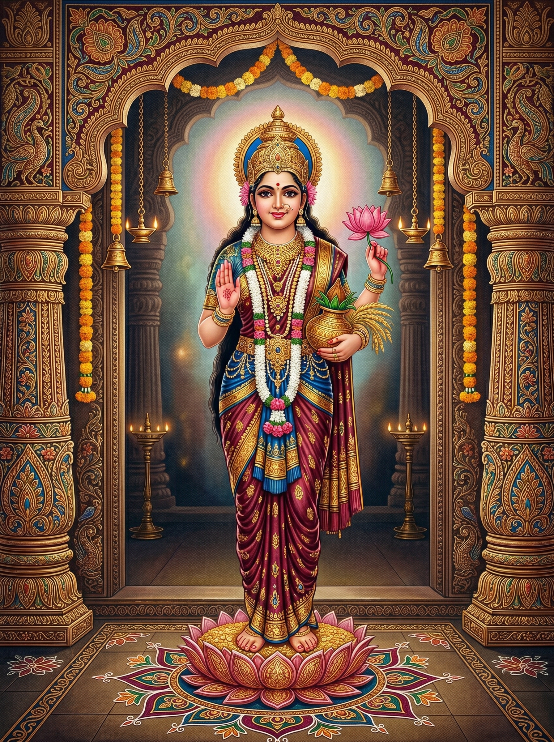 Standing Lakshmi Rogan Art,Indian Temple Art Print