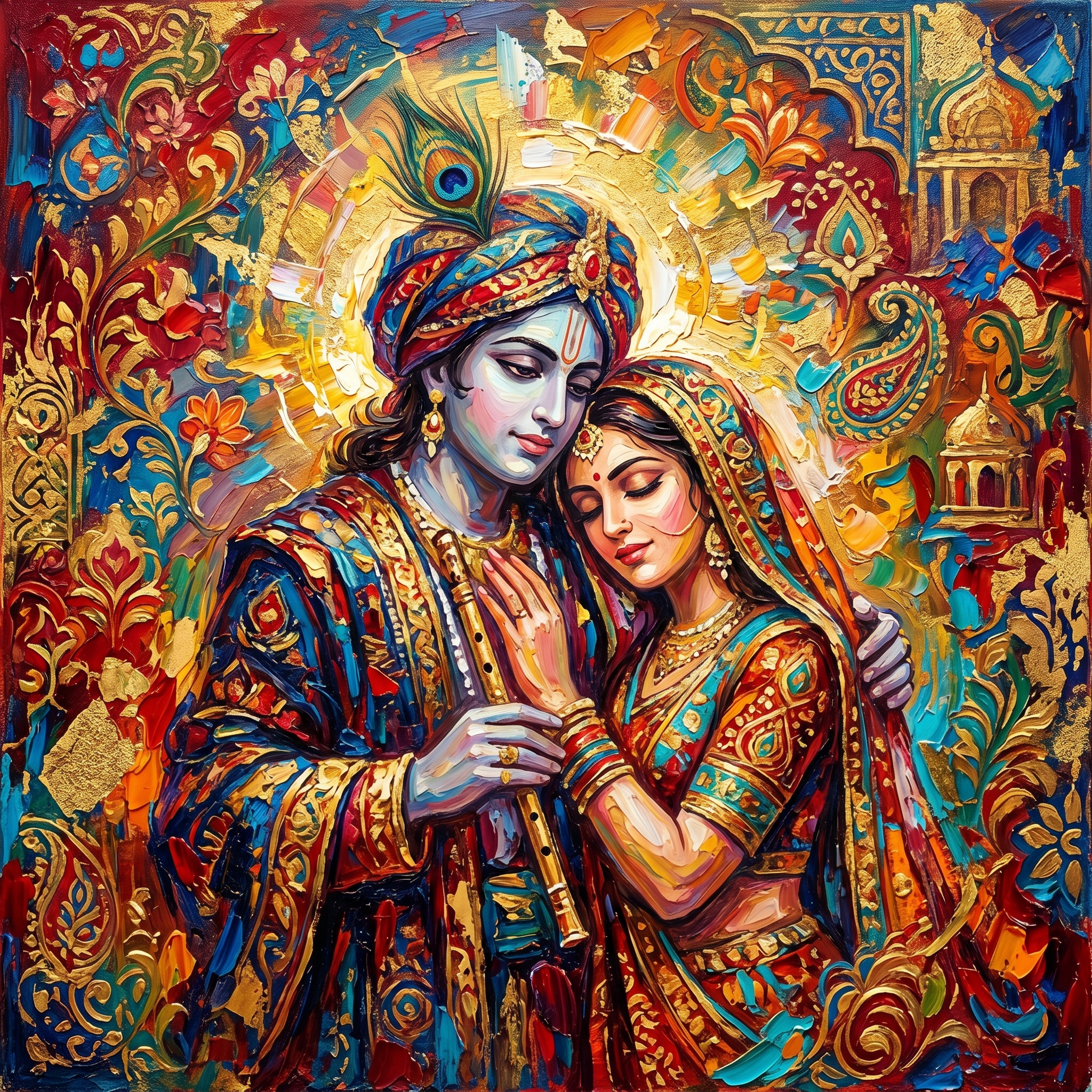 Radha Krishna Abstract Textured Art Print,Mughal Fusion Painting,Divine Love – Radha Krishna Abstract Art
