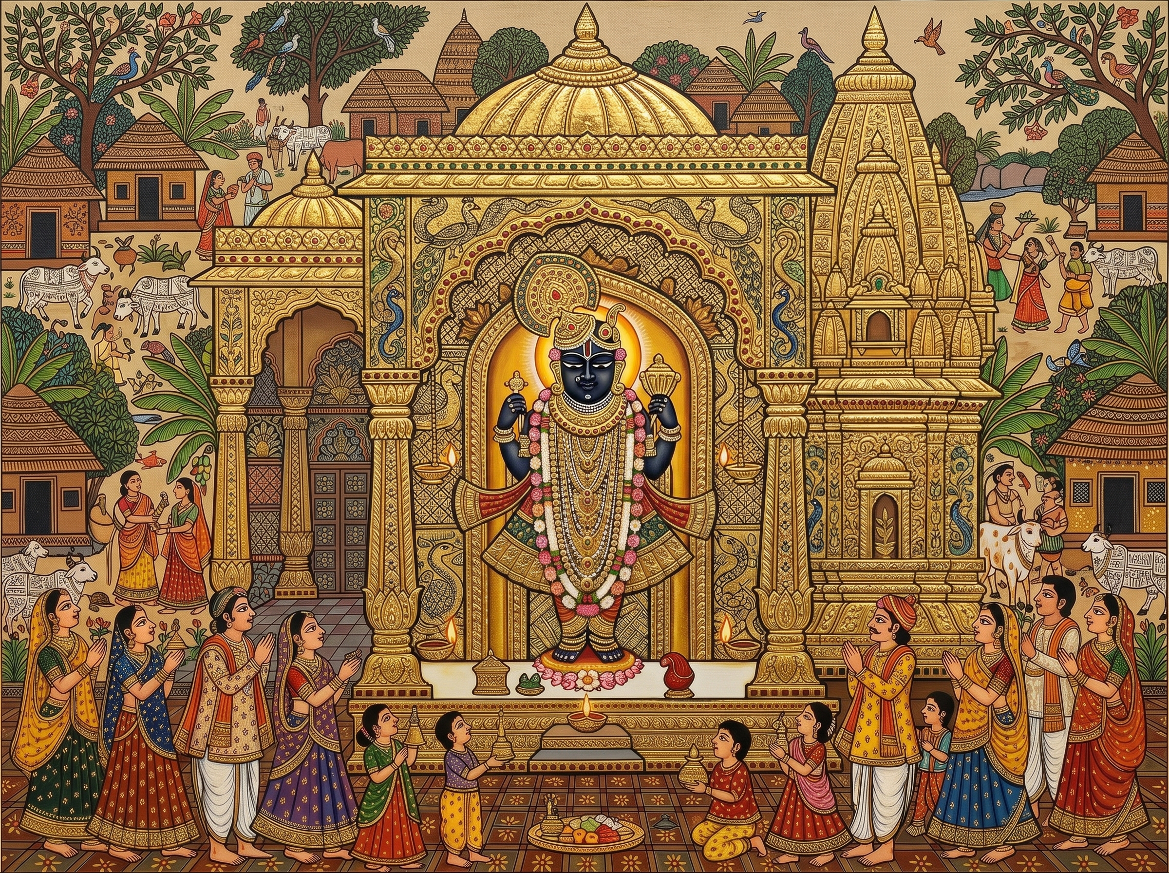 Dwarkadhish Krishna Wall Art, Tanjore Madhubani Fusion Painting
