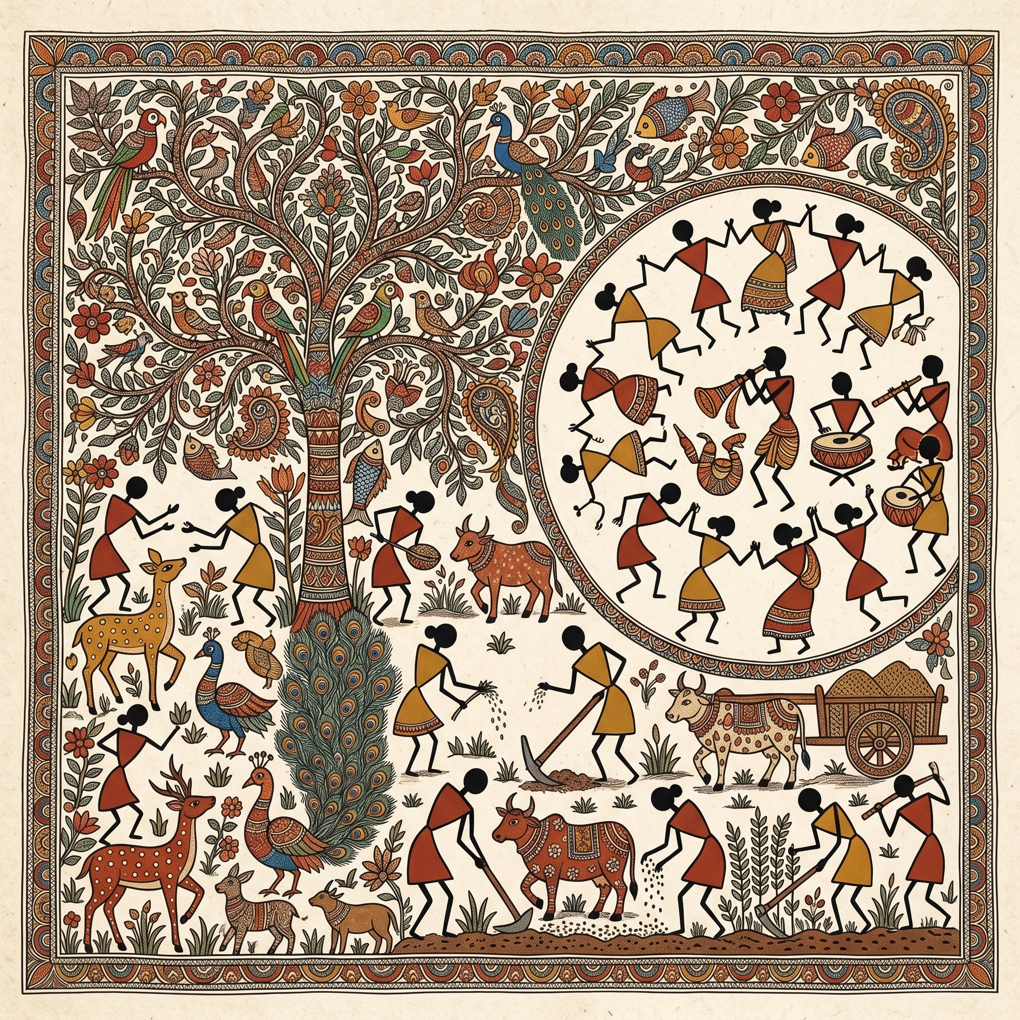 Warli Madhubani Fusion Art Print, Village Celebration Wall Decor